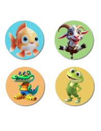 Goldfish, Goat, Crocodile, and Frog. Fridge Magnets 4 Piece Set | 3 Inch Round Wall Fridge Decor (F22858)