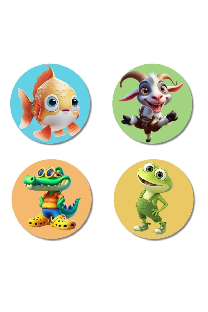 Goldfish, Goat, Crocodile, and Frog. Fridge Magnets 4 Piece Set | 3 Inch Round Wall Fridge Decor (F22858)