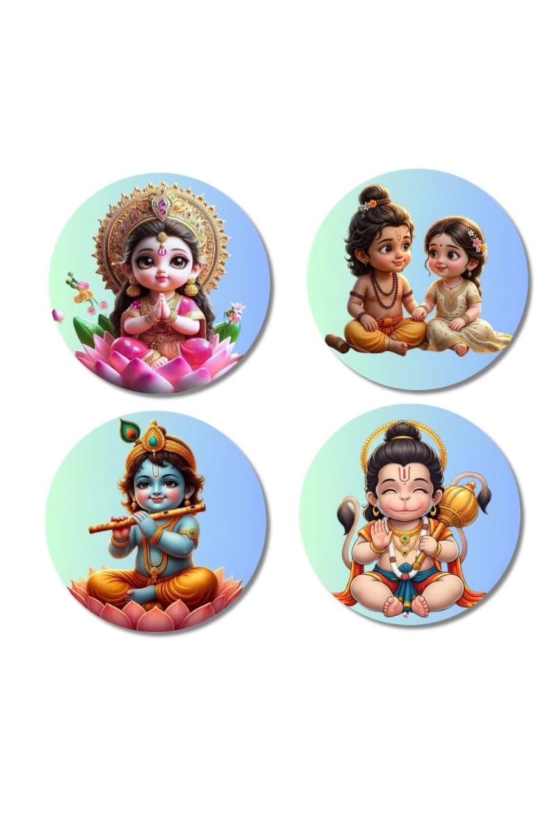 Lakshmi, Rama, Sita, Krishna, and Hanuman. Fridge Magnets 4 Piece Set | 3 Inch Round Wall Fridge Decor (F23193)