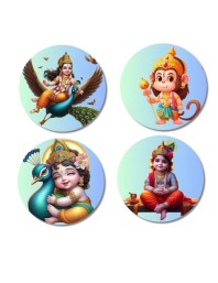 Kartikeya, Hanuman, and Krishna. Fridge Magnets 4 Piece Set | 3 Inch Round Wall Fridge Decor (F22819)