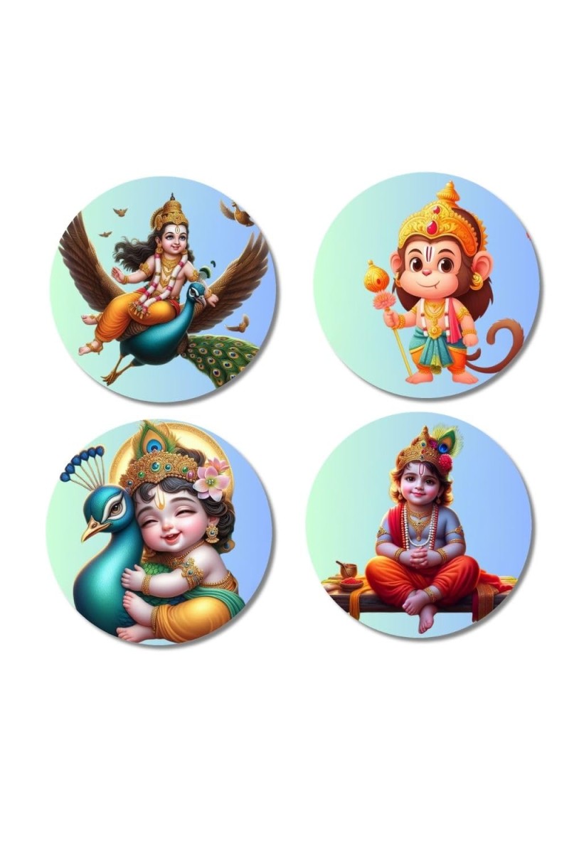 Kartikeya, Hanuman, and Krishna. Fridge Magnets 4 Piece Set | 3 Inch Round Wall Fridge Decor (F22819)