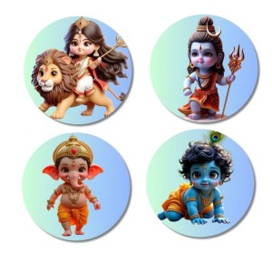 Durga, Shiva, Ganesha, Krishna Fridge Magnets 4 Piece Set | 3 Inch Round Wall Fridge Decor (F23173)