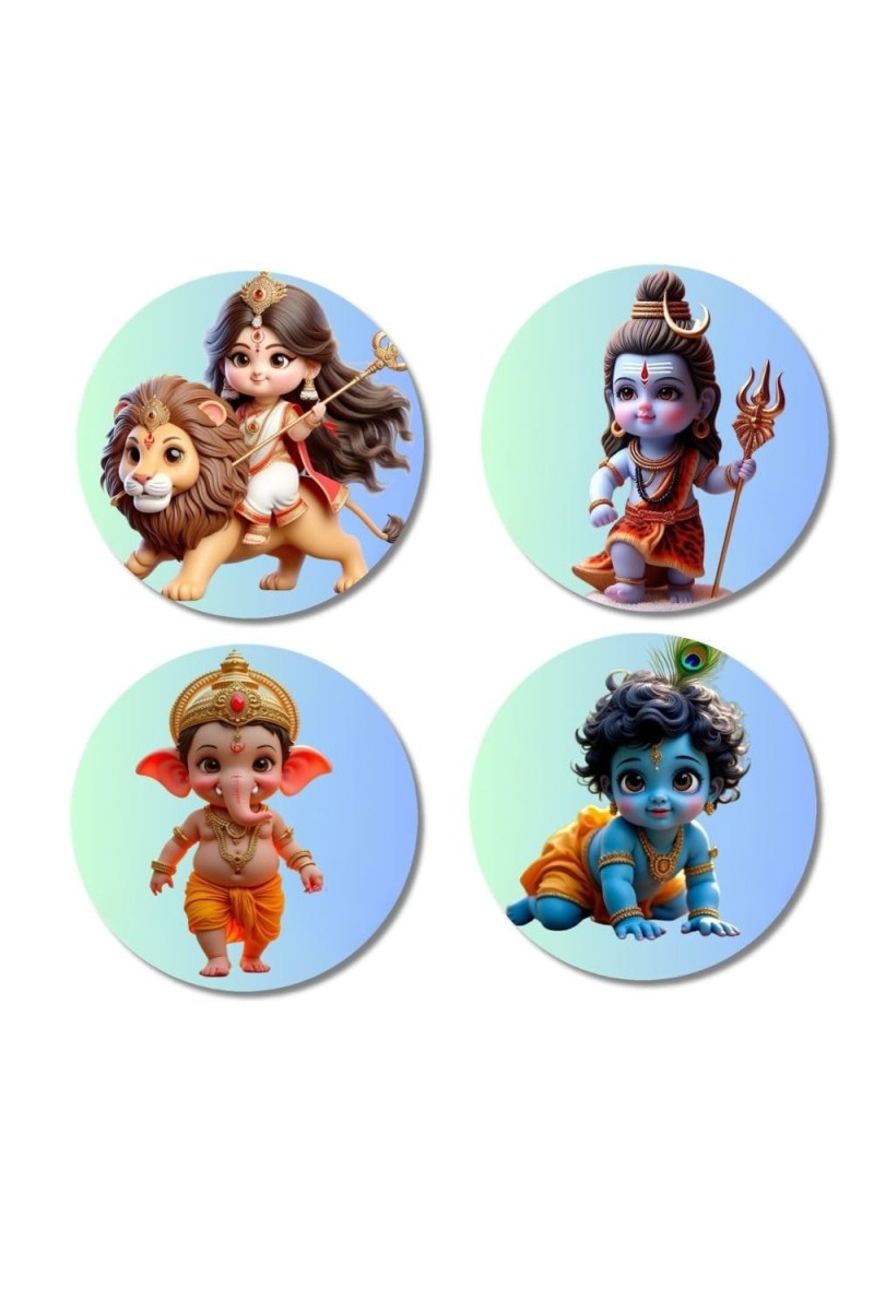 Durga, Shiva, Ganesha, Krishna Fridge Magnets 4 Piece Set | 3 Inch Round Wall Fridge Decor (F23173)
