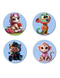 Unicorn, Monkey, Pig, and Monkey. Fridge Magnets 4 Piece Set | 3 Inch Round Wall Fridge Decor (F23136)