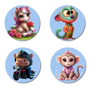 Unicorn, Monkey, Pig, and Monkey. Fridge Magnets 4 Piece Set | 3 Inch Round Wall Fridge Decor (F23136) Unicorn, Monkey, Pig, and Monkey. Fridge Magnets 4 Piece Set | 3 Inch Round Wall Fridge Decor (F23136)