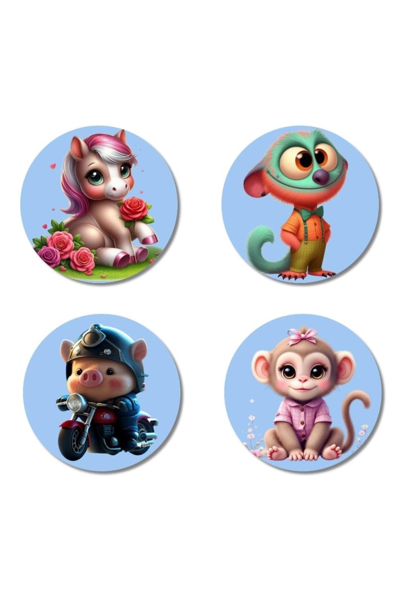 Unicorn, Monkey, Pig, and Monkey. Fridge Magnets 4 Piece Set | 3 Inch Round Wall Fridge Decor (F23136)