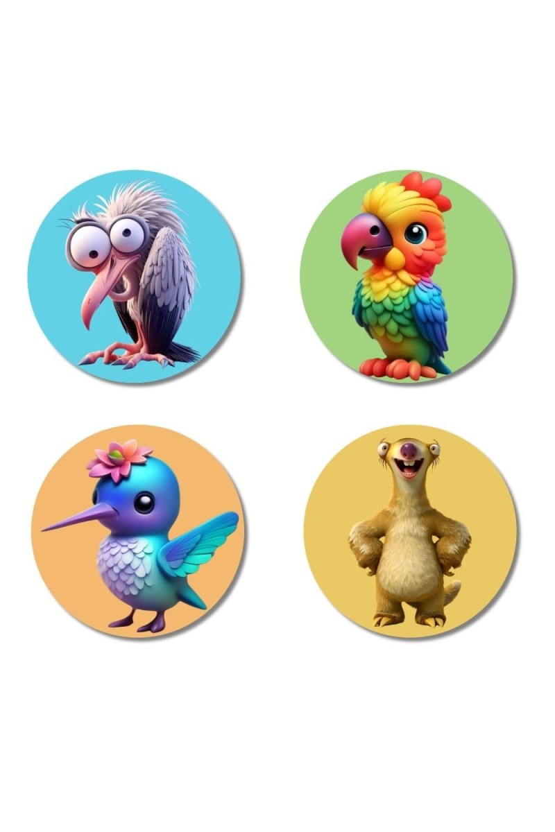 Swan, Parrot, Hummingbird, and Meerkat. Fridge Magnets 4 Piece Set | 3 Inch Round Wall Fridge Decor (F22905)