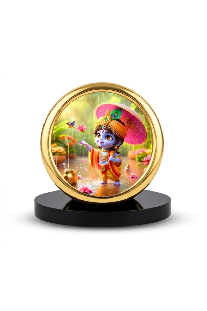 Car Desk/Table Top Little Krishna Metal Golden Photo Stand 2x2 Inches, Compact & Stylish Spiritual Display for Car, Home & Office (Pack of 1) (F18839)