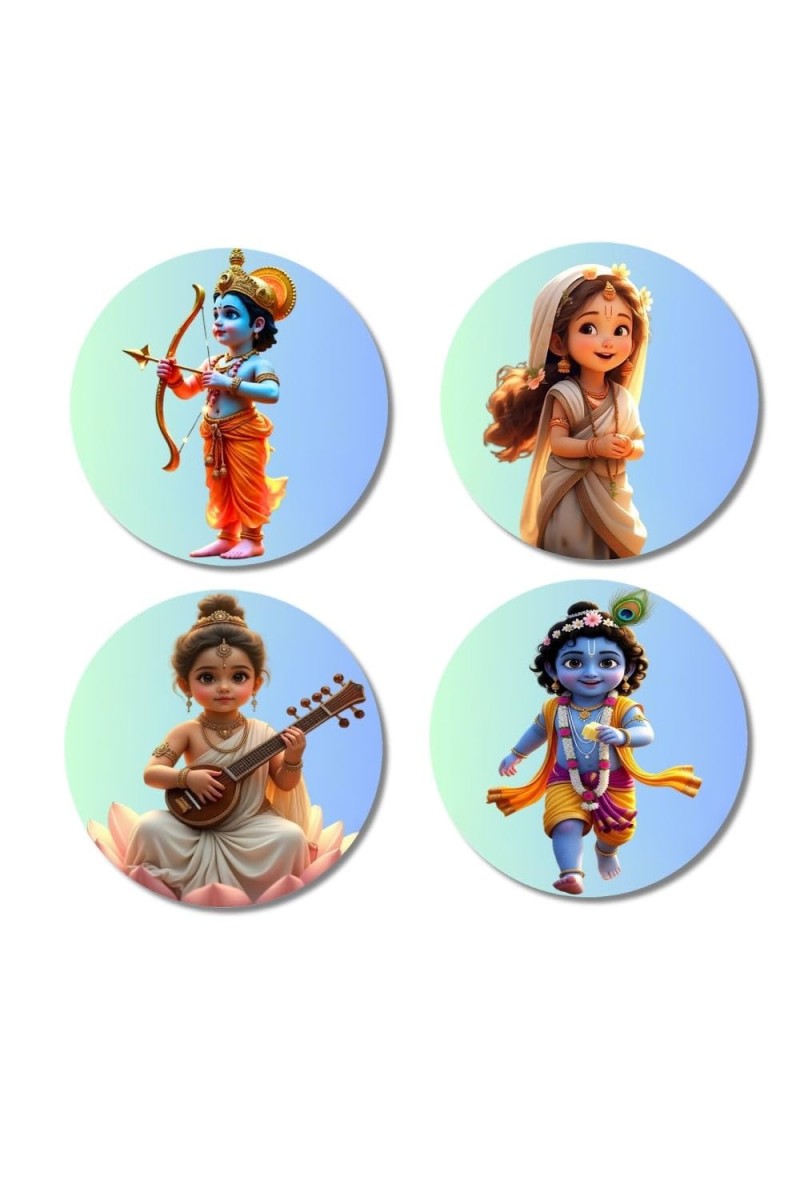 Shiva, Shakti, Ganesha, Kartikeya, and Krishna. Fridge Magnets 4 Piece Set | 3 Inch Round Wall Fridge Decor (F23198)