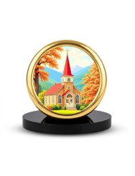 Car Desk/Table Top Beautiful Church Metal Golden Photo Stand 2x2 Inches, Compact & Stylish Spiritual Display for Car, Home & Office (Pack of 1) (F18726)