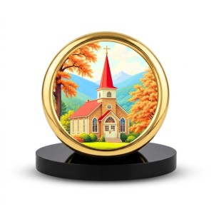 Car Desk/Table Top Beautiful Church Metal Golden Photo Stand 2x2 Inches, Compact & Stylish Spiritual Display for Car, Home & Office (Pack of 1) (F18726)