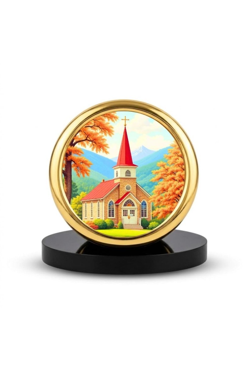 Car Desk/Table Top Beautiful Church Metal Golden Photo Stand 2x2 Inches, Compact & Stylish Spiritual Display for Car, Home & Office (Pack of 1) (F18726)