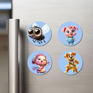 Fly, Pig, Mouse, and Dog. Fridge Magnets 4 Piece Set | 3 Inch Round Wall Fridge Decor (F23066)
