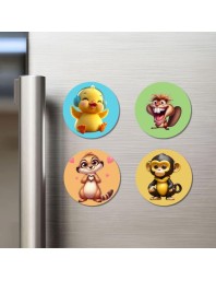 Chick, Squirrel, Meerkat, and Monkey. Fridge Magnets 4 Piece Set | 3 Inch Round Wall Fridge Decor (F22882)