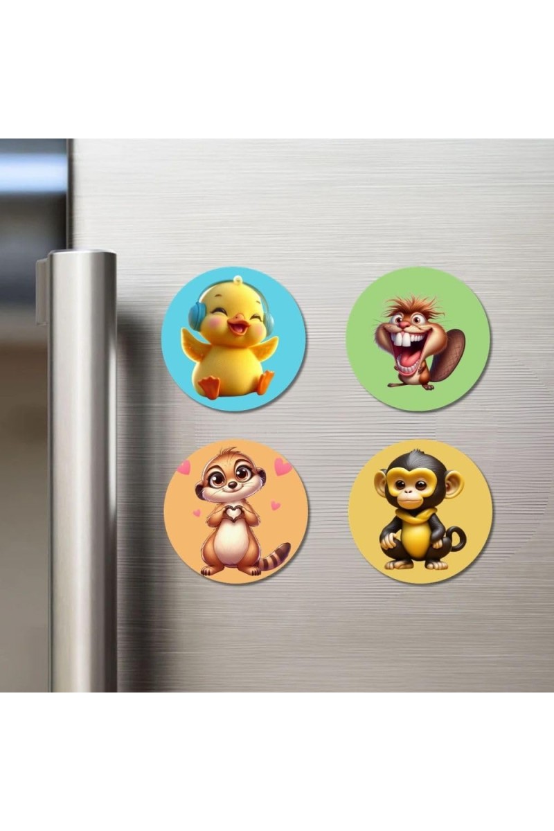 Chick, Squirrel, Meerkat, and Monkey. Fridge Magnets 4 Piece Set | 3 Inch Round Wall Fridge Decor (F22882)