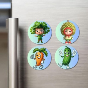 Kale, Durian, Carrot, Cucumber Fridge Magnets 4 Piece Set | 3 Inch Round Wall Fridge Decor (F23288)