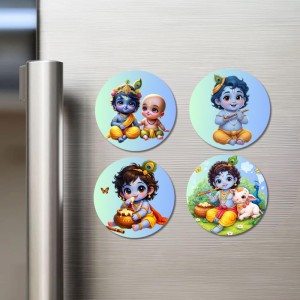 Krishna Fridge Magnets 4 Piece Set | 3 Inch Round Wall Fridge Decor (F22787)