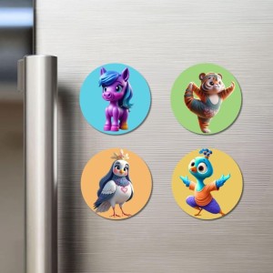 Pony, Bear, Sparrow, and Peacock Fridge Magnets 4 Piece Set | 3 Inch Round Wall Fridge Decor (F22906)