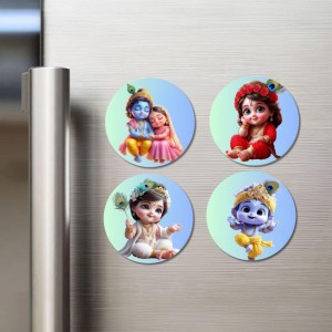 Radha and Krishna Fridge Magnets 4 Piece Set | 3 Inch Round Wall Fridge Decor (F23189)