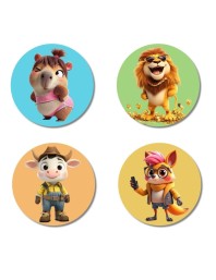 Wombat, Lion, Cow, and Fox. Fridge Magnets 4 Piece Set | 3 Inch Round Wall Fridge Decor (F22944)