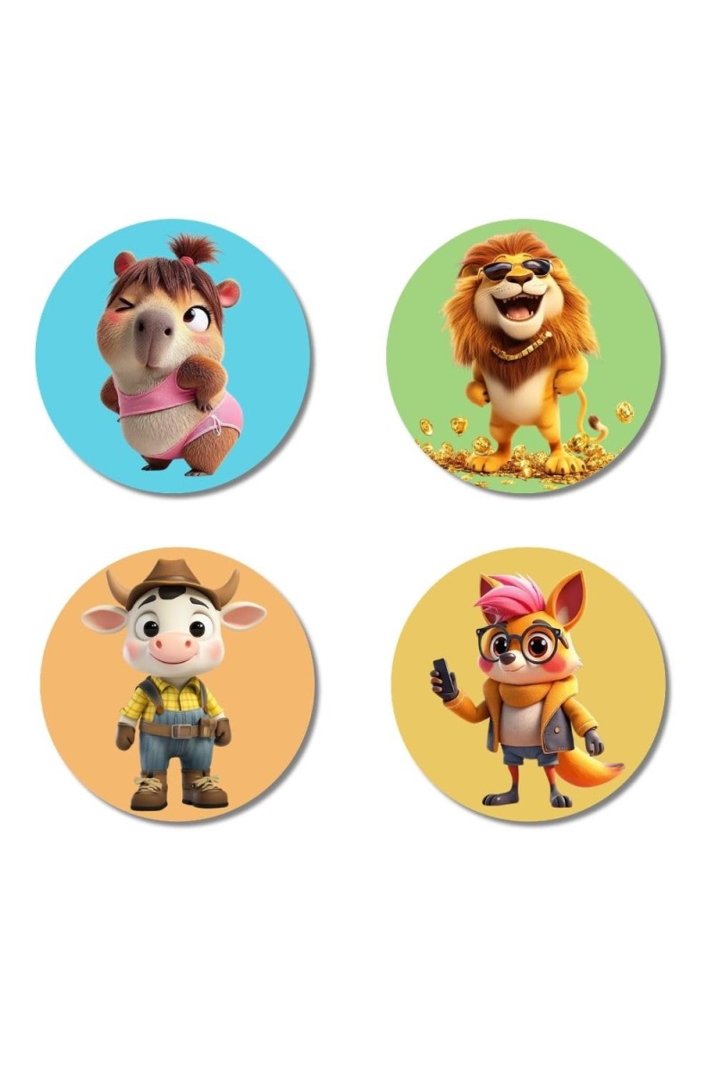 Wombat, Lion, Cow, and Fox. Fridge Magnets 4 Piece Set | 3 Inch Round Wall Fridge Decor (F22944)