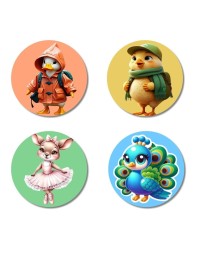 Penguin, Chick, Mouse, and Peacock. Fridge Magnets 4 Piece Set | 3 Inch Round Wall Fridge Decor (F23000)