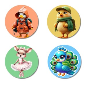 Penguin, Chick, Mouse, and Peacock. Fridge Magnets 4 Piece Set | 3 Inch Round Wall Fridge Decor (F23000)