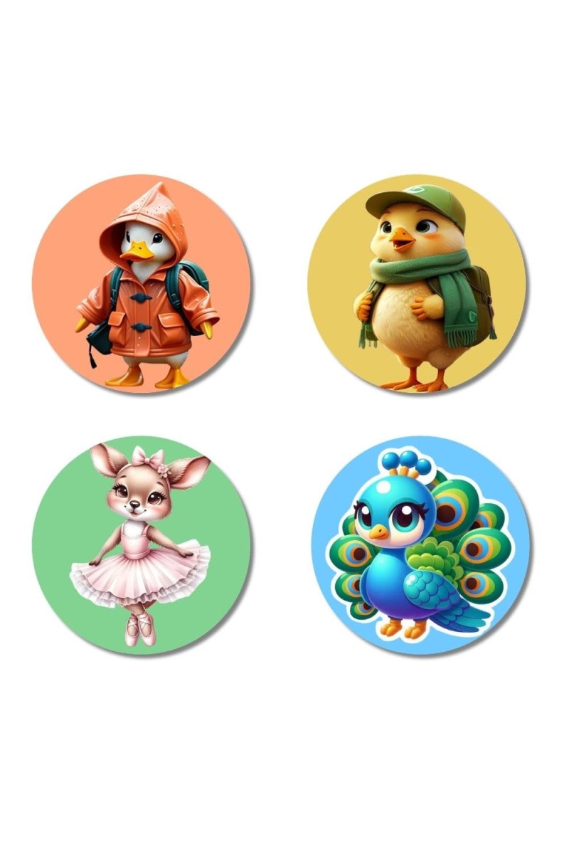 Penguin, Chick, Mouse, and Peacock. Fridge Magnets 4 Piece Set | 3 Inch Round Wall Fridge Decor (F23000)