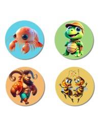 Shrimp, Turtle, Ibex, and Bees. Fridge Magnets 4 Piece Set | 3 Inch Round Wall Fridge Decor (F22941)