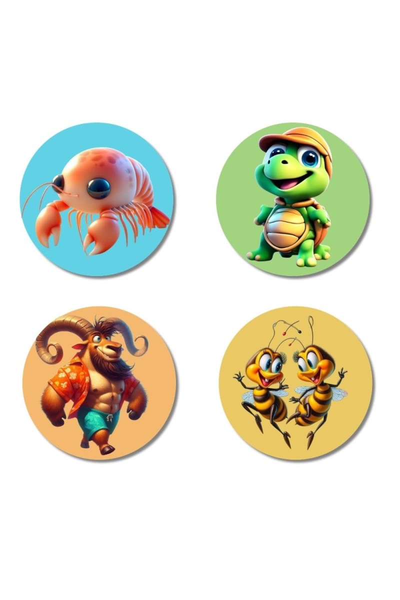 Shrimp, Turtle, Ibex, and Bees. Fridge Magnets 4 Piece Set | 3 Inch Round Wall Fridge Decor (F22941)