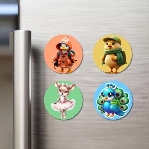 Penguin, Chick, Mouse, and Peacock. Fridge Magnets 4 Piece Set | 3 Inch Round Wall Fridge Decor (F23000)