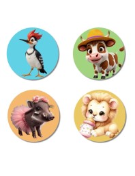 Woodpecker, Cow, Boar, and Lion. Fridge Magnets 4 Piece Set | 3 Inch Round Wall Fridge Decor (F22889)