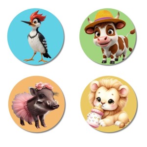Woodpecker, Cow, Boar, and Lion. Fridge Magnets 4 Piece Set | 3 Inch Round Wall Fridge Decor (F22889)