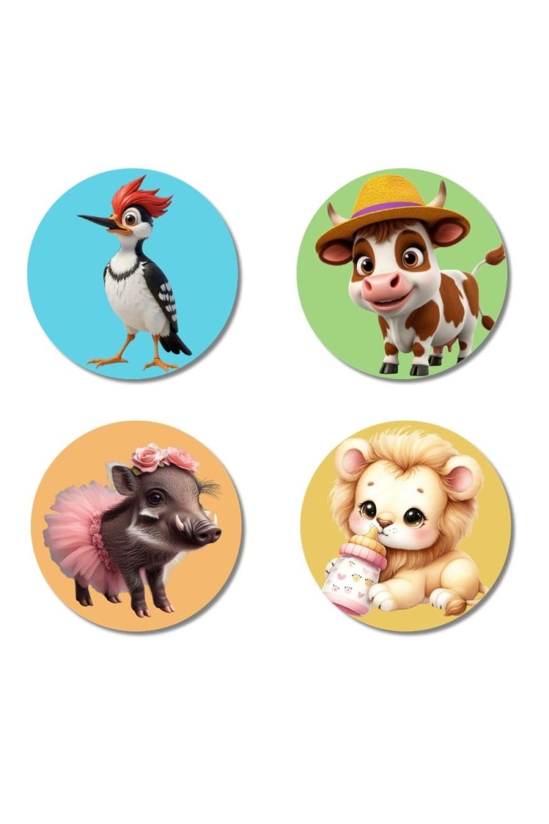 Woodpecker, Cow, Boar, and Lion. Fridge Magnets 4 Piece Set | 3 Inch Round Wall Fridge Decor (F22889)