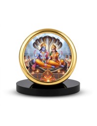 Car Desk/Table Top Lord Vishnu and Laksmi Metal Golden Photo Stand 2x2 Inches, Compact & Stylish Spiritual Display for Car, Home & Office (Pack of 1) (F18531)