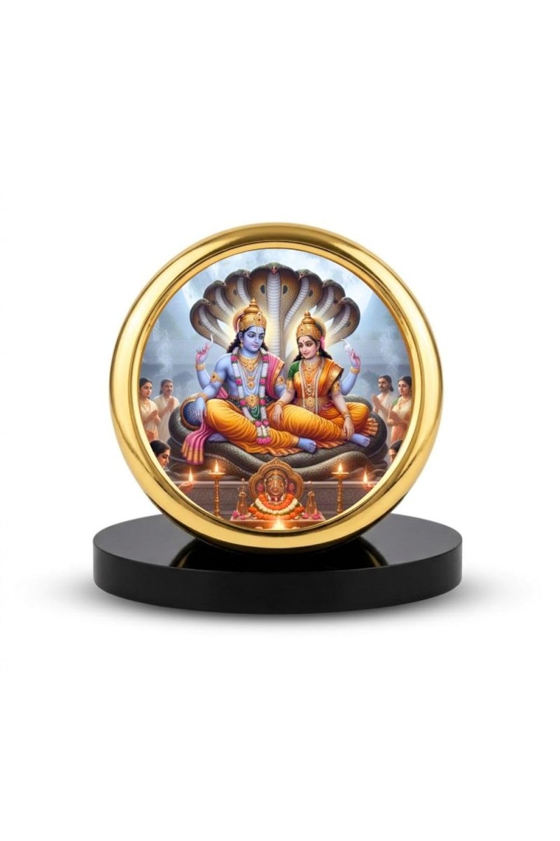 Car Desk/Table Top Lord Vishnu and Laksmi Metal Golden Photo Stand 2x2 Inches, Compact & Stylish Spiritual Display for Car, Home & Office (Pack of 1) (F18531)