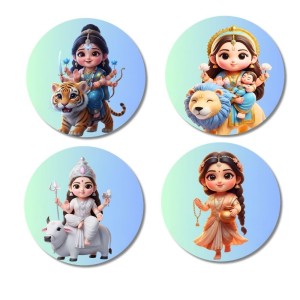 Maa Durga, Maa Lakshmi, Maa Saraswati, Maa Parvati Fridge Magnets 4 Piece Set | 3 Inch Round Wall Fridge Decor (F23187)