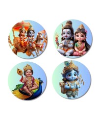Rama, Shiva, Parvati, Kartikeya, and Krishna. Fridge Magnets 4 Piece Set | 3 Inch Round Wall Fridge Decor (F22814)