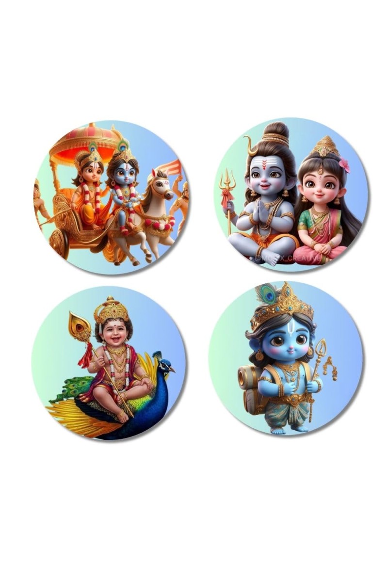 Rama, Shiva, Parvati, Kartikeya, and Krishna. Fridge Magnets 4 Piece Set | 3 Inch Round Wall Fridge Decor (F22814)