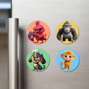Bird, Gorilla, Dog, and Monkey. Fridge Magnets 4 Piece Set | 3 Inch Round Wall Fridge Decor (F22974)