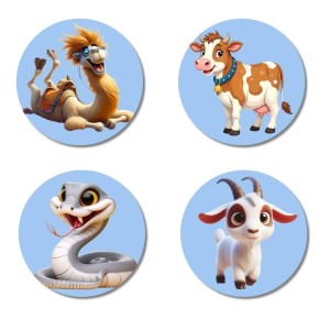 Camel, Cow, Snake, and Goat. Fridge Magnets 4 Piece Set | 3 Inch Round Wall Fridge Decor (F23056)