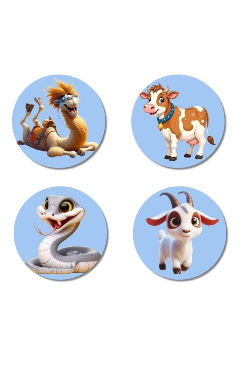Camel, Cow, Snake, and Goat. Fridge Magnets 4 Piece Set | 3 Inch Round Wall Fridge Decor (F23056)
