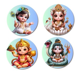 Krishna, Saraswati, Hanuman, Shiva Fridge Magnets 4 Piece Set | 3 Inch Round Wall Fridge Decor (F23171)