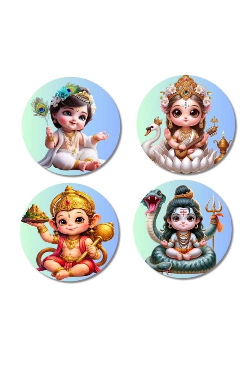 Krishna, Saraswati, Hanuman, Shiva Fridge Magnets 4 Piece Set | 3 Inch Round Wall Fridge Decor (F23171)