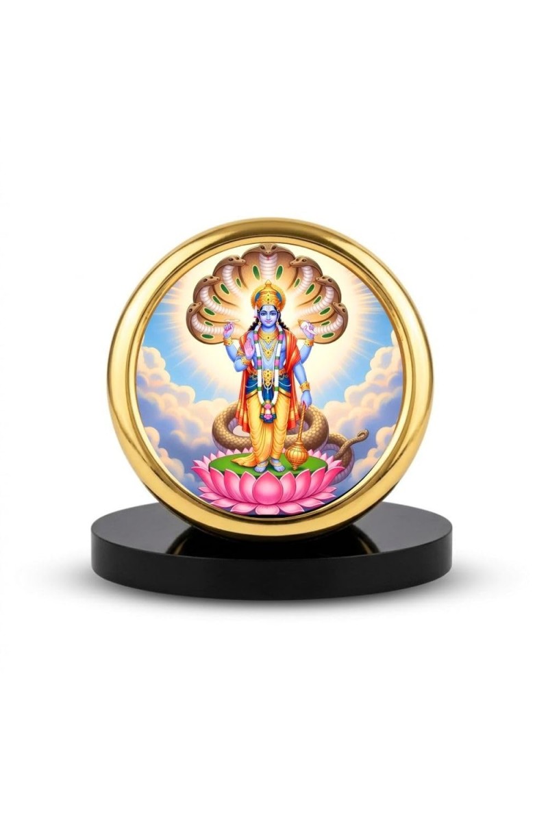 Car Desk/Table Top Lord Vishnu Metal Golden Photo Stand 2x2 Inches, Compact & Stylish Spiritual Display for Car, Home & Office (Pack of 1) (F18878)