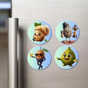 Pomegranate, Bitter Gourd, Cashew, Sapota Fridge Magnets 4 Piece Set | 3 Inch Round Wall Fridge Decor (F23320)