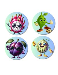 Dragon Fruit, Mango, Plum, Melon Fridge Magnets 4 Piece Set | 3 Inch Round Wall Fridge Decor (F23273)