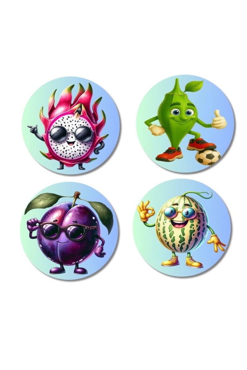 Dragon Fruit, Mango, Plum, Melon Fridge Magnets 4 Piece Set | 3 Inch Round Wall Fridge Decor (F23273)