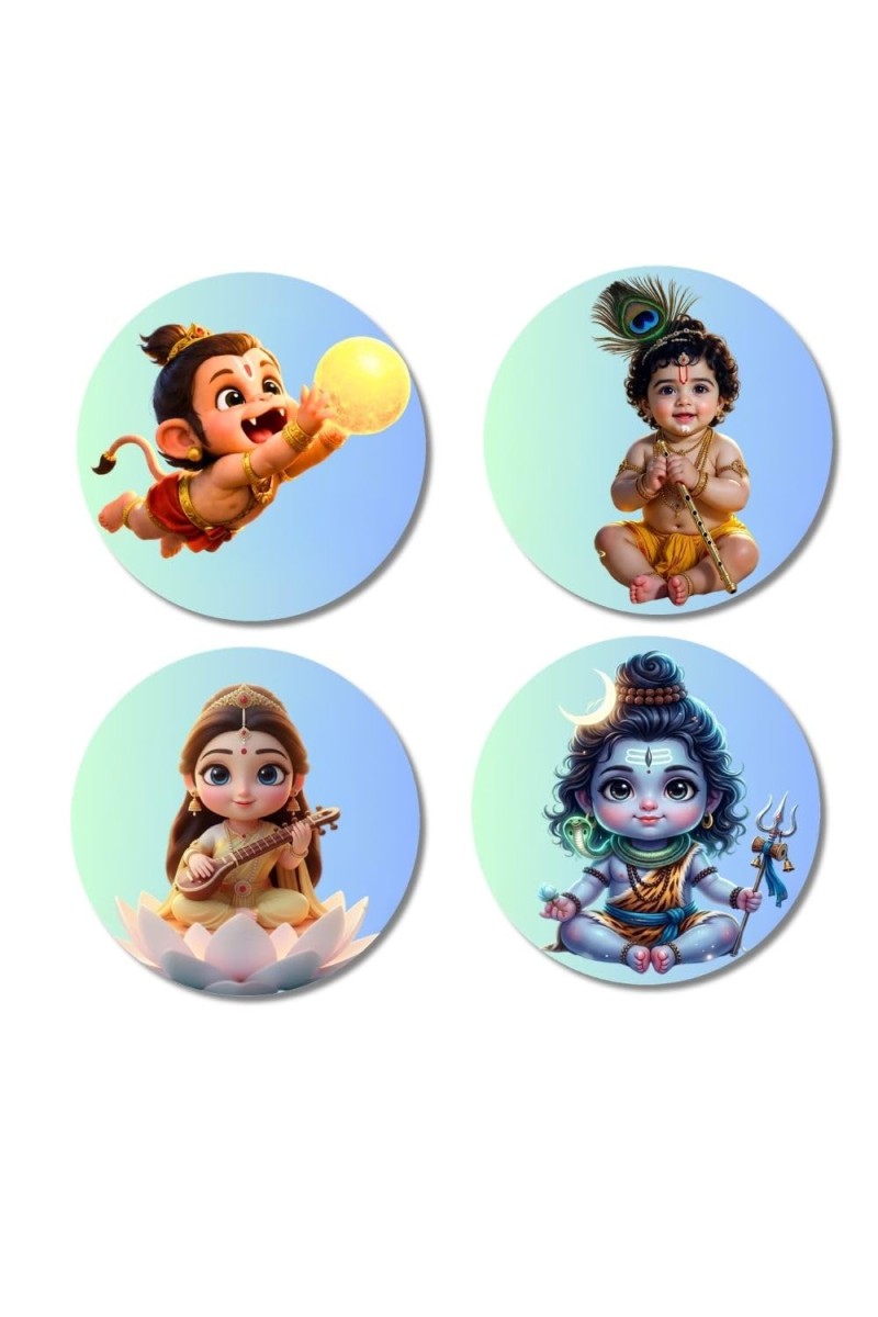 Hanuman, Krishna, Lakshmi, Shiva Fridge Magnets 4 Piece Set | 3 Inch Round Wall Fridge Decor (F23251)