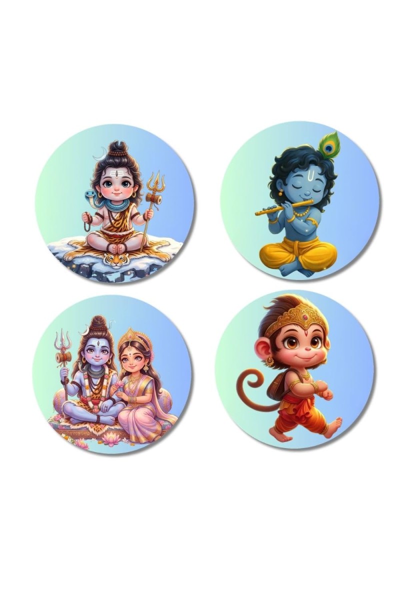 Hanuman, Ganesha, Shiva, and Parvati. Fridge Magnets 4 Piece Set | 3 Inch Round Wall Fridge Decor (F22829)